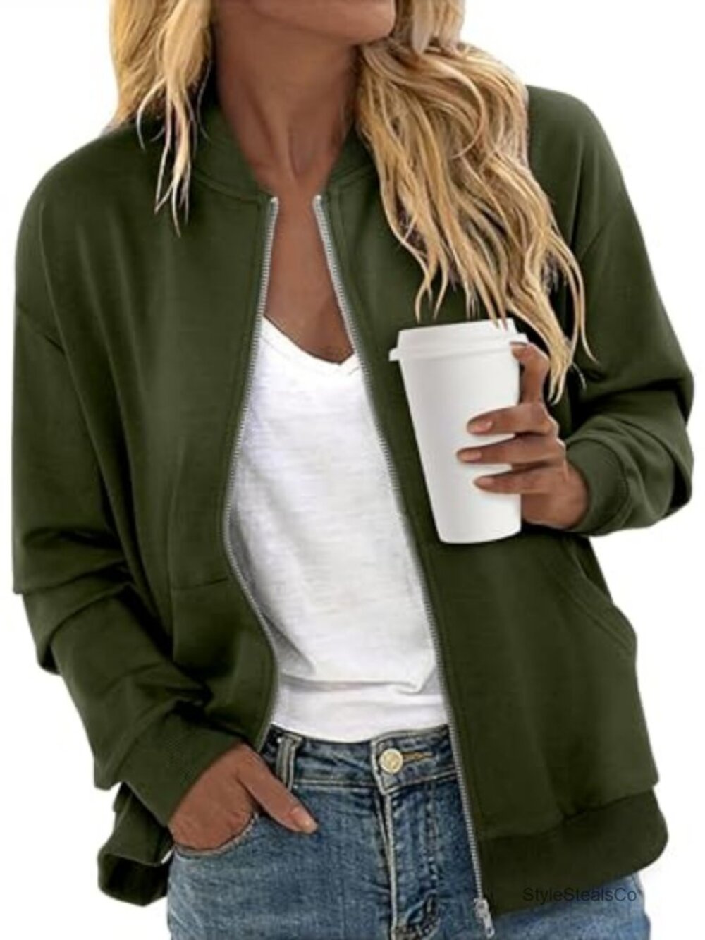 Womens Zip Up Jacket Long Sleeve Fleece Lined Sweatshirt Bomber with Pockets